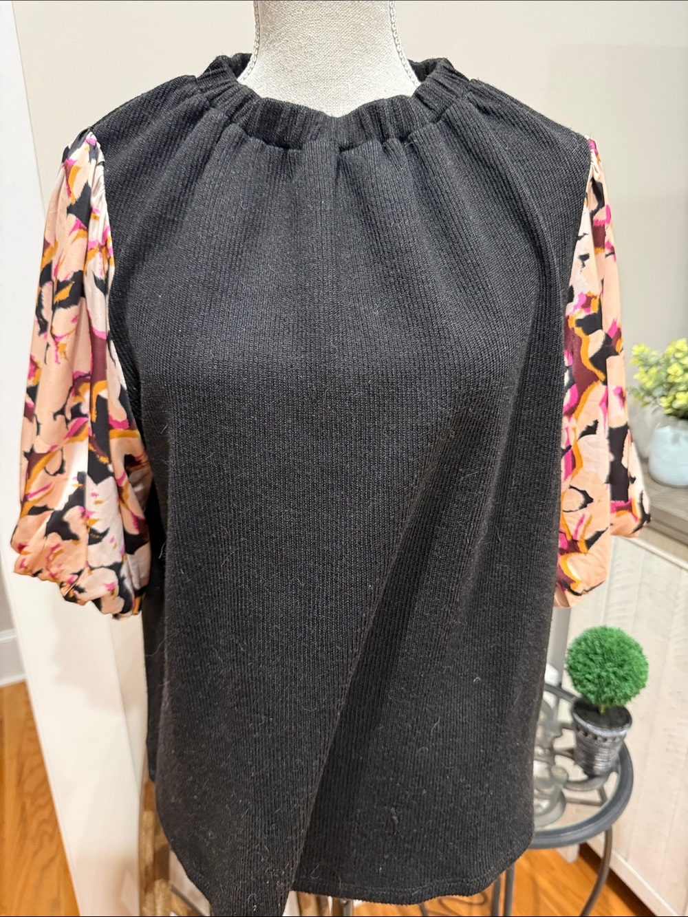 THML Black Sweater with Pink Floral Puff Sleeves